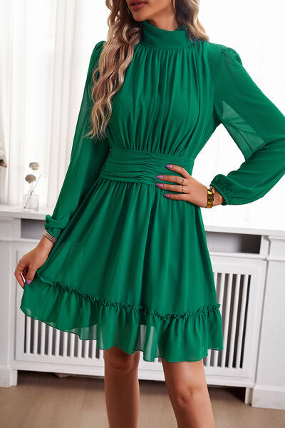 Frill Ruched Mock Neck Balloon Sleeve Dress